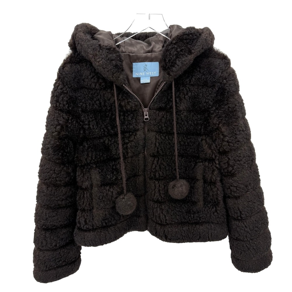 Vintage Nine West Faux Fur Pom-Pom Coat Size L Apres-Ski Chalet Chic Glam Brown
